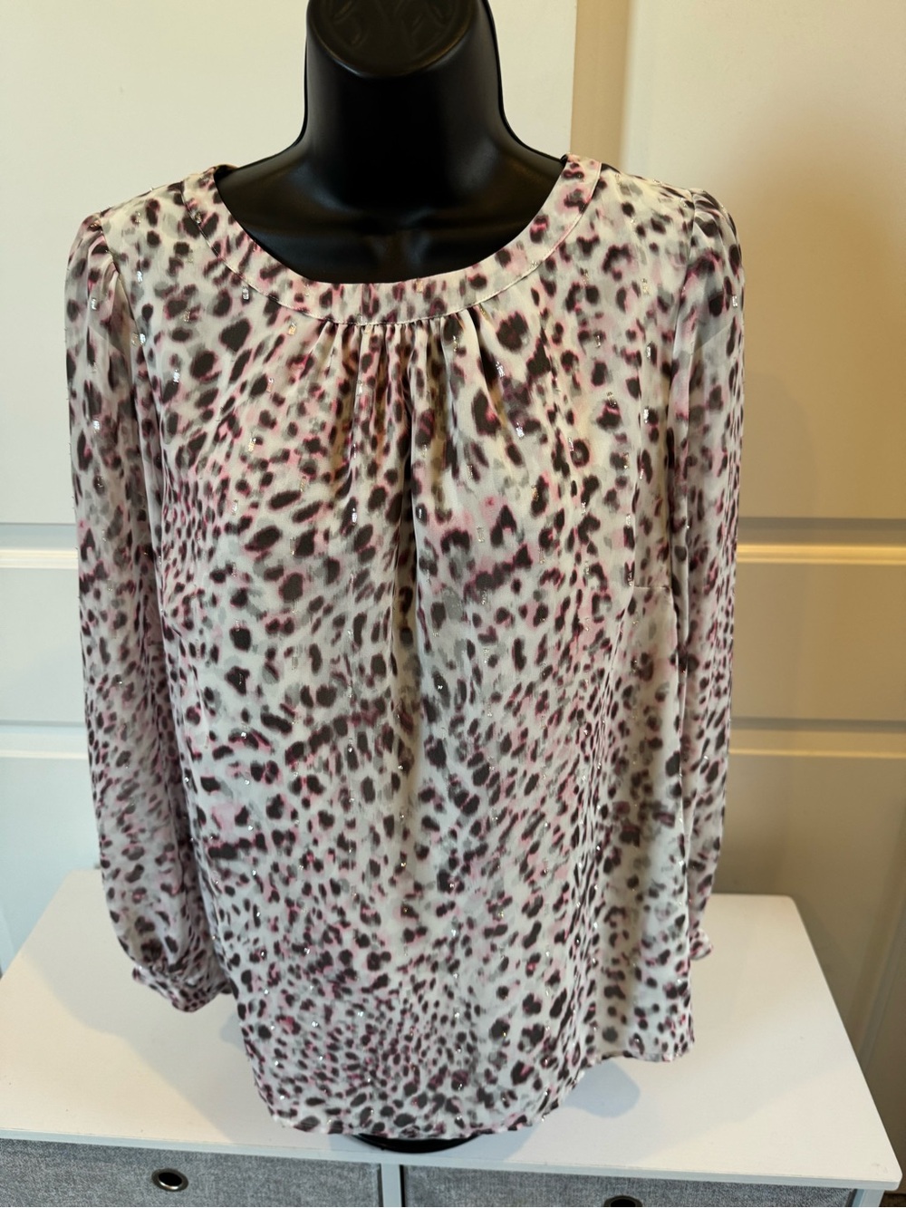 Talbots Cream Long-Sleeve Leopard Print Blouse with Pink Accents